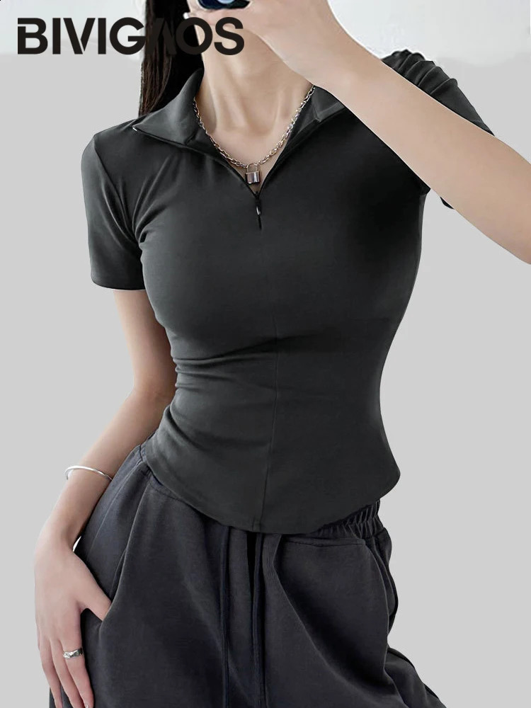 BVIGAOS summer cotton lapel zipper short sleeved T-shirt for women ultra-thin tight and sexy polo shirt half neck high neck T-shirt 240827