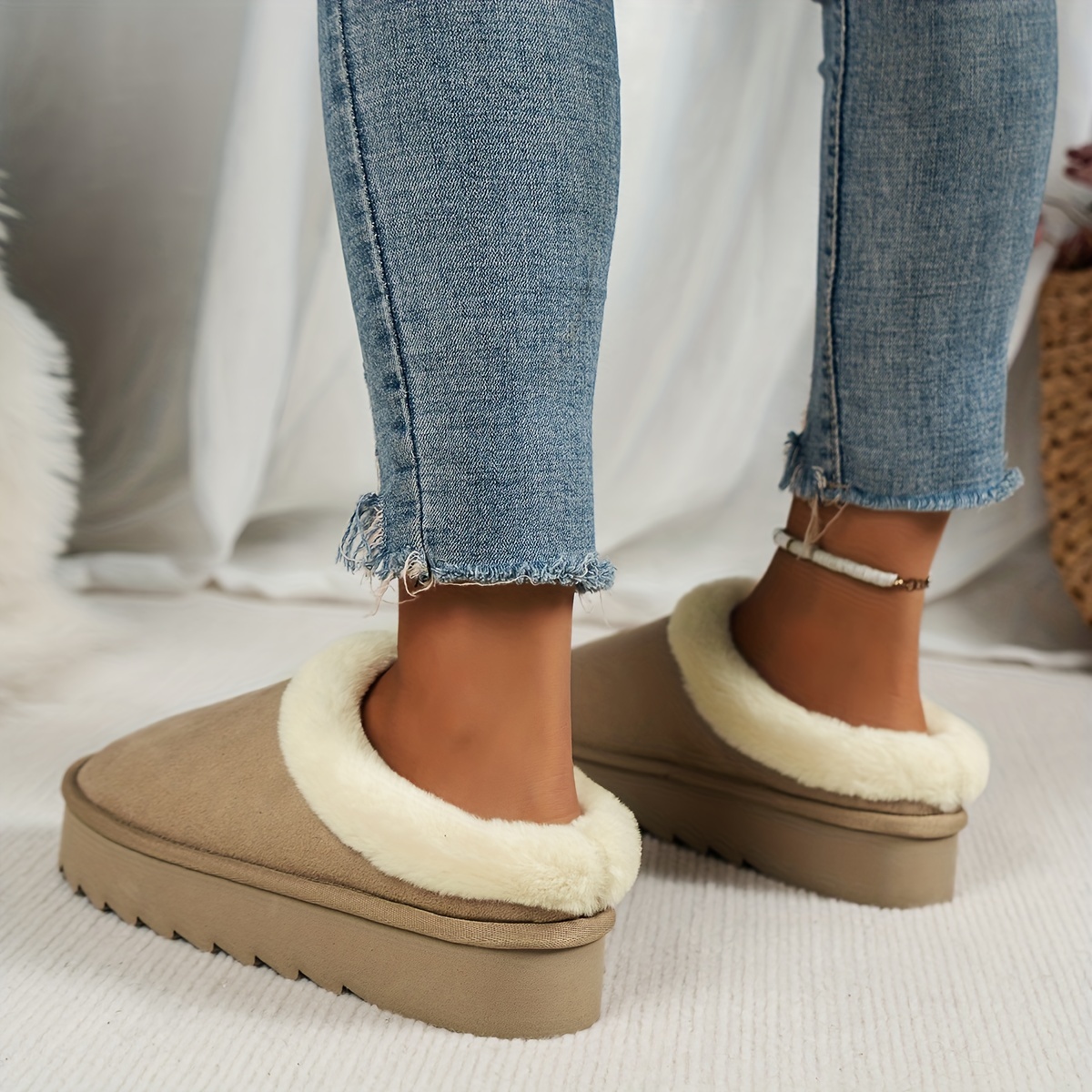 Solid Color Warm Home Slippers, Slip On Platform Lined Non-slip Shoes, Winter Comfy Plush Fuzzy Shoes