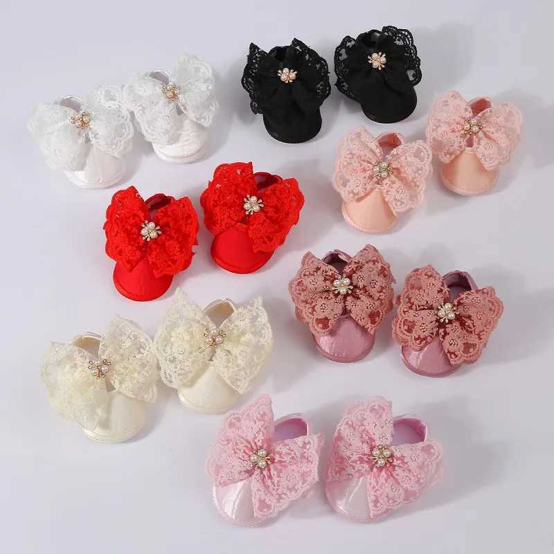 Baby girl flat shoes soft sole hollow bow tie pearl decoration anti slip first mover indoor outdoor toddler walking shoes M240827