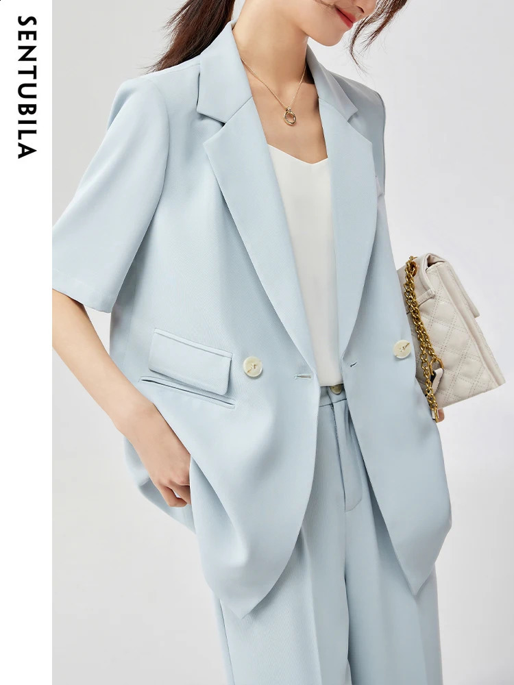 SENTUBILA Blazer Two Piece Pants Sets for Women Summer Office Ladies Short Sleeve Suit Jacket Baggy Straight Pant Set 131Z47112 240826