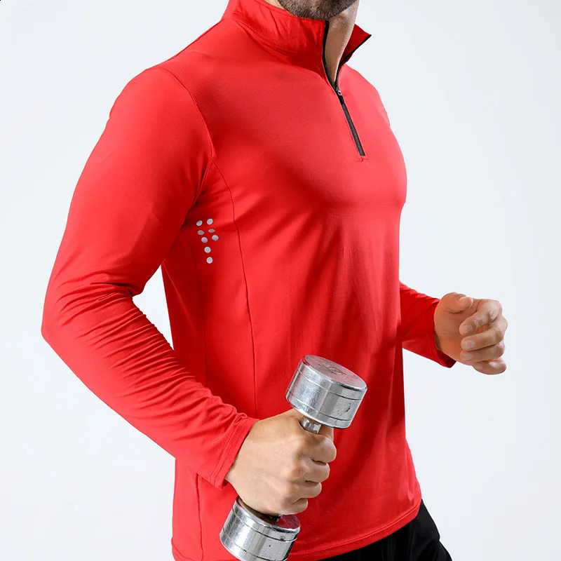 mens fitness suit polo shirt with half zipper thin running gym training wearing long sleeved quick drying elastic sports top for men 240827