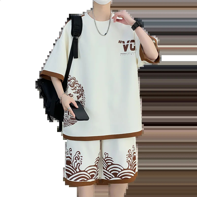Summer short sleeved T-shirt casual sportswear paired with stylish and handsome mens two-piece sportswear 240827