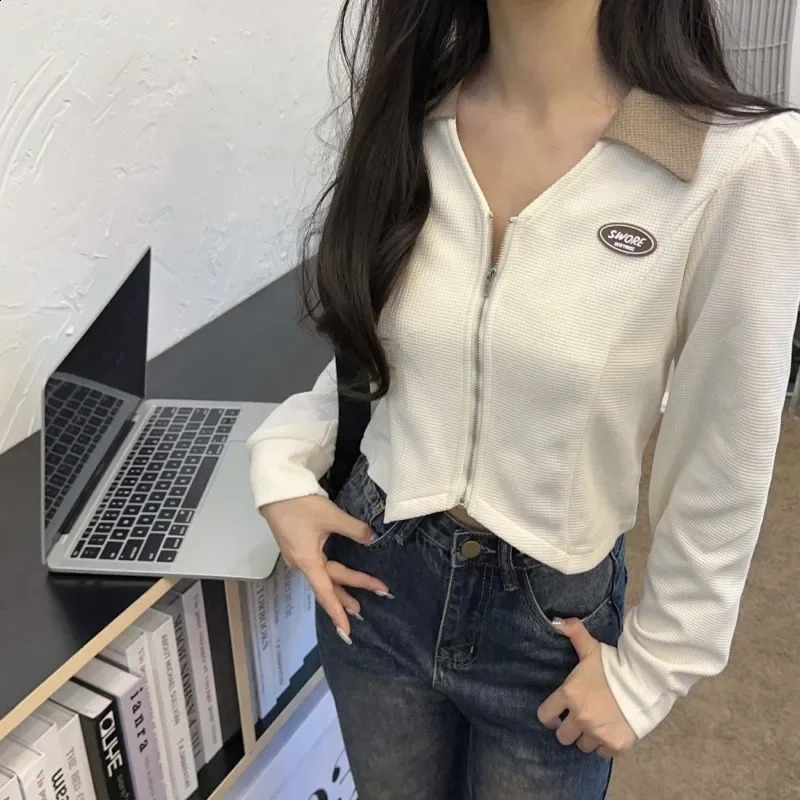 Irregular Top Womens Autumn Polo T-shirt Y2k Korean Fashion Long Sleeve T-shirt Patch Work T-shirt Womens Zipper T-shirt 240827