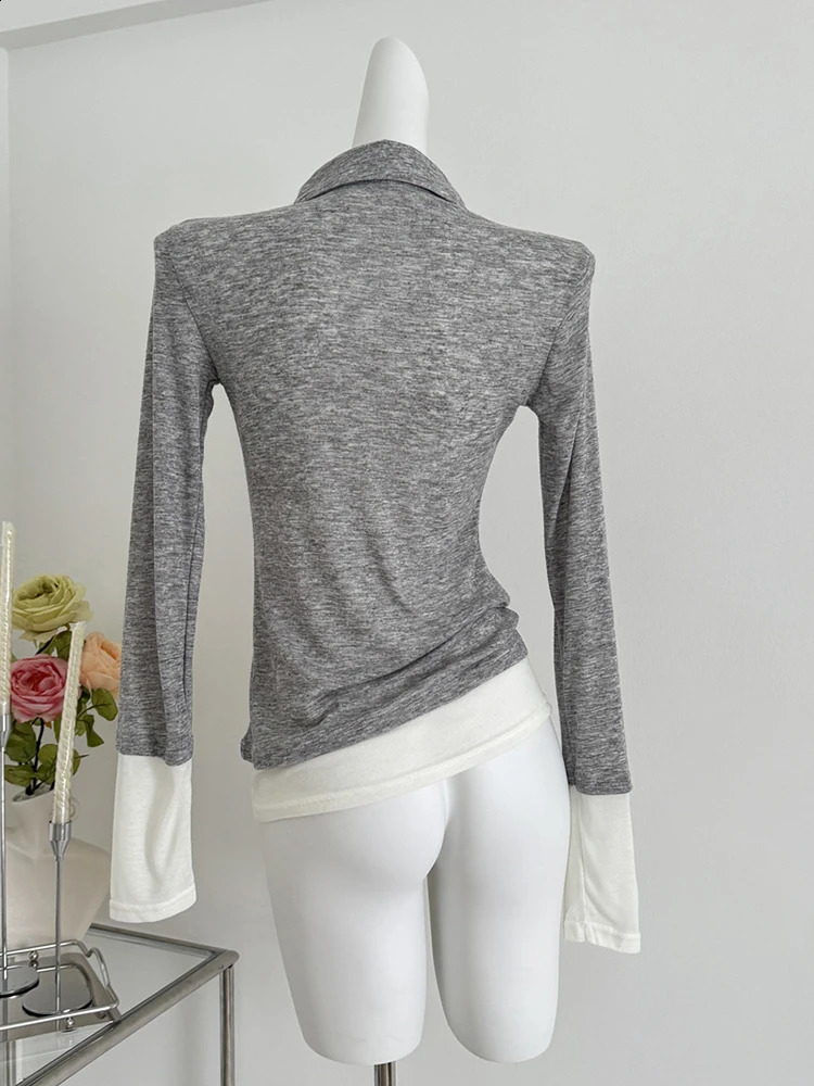 Autumn womens Harajuku fashion long sleeved T-shirt polo collar T-shirt crop top 2000s fashion Japanese Y2k fake two unique pieces 240827