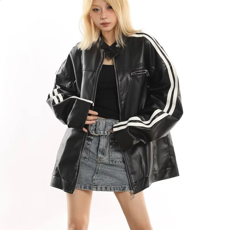 Black leather jacket striped womens bomber college racing car oversized jacket stylish zipper vintage American standing collar Pu jacket 240827