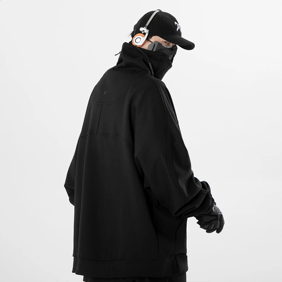 Fashion Hoodie Mens Autumn Windproof High Collar Sweater Techwear Functional Loose Black Zipper 240826