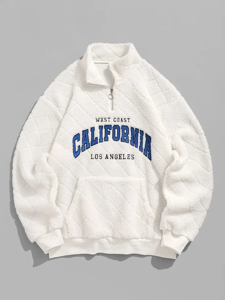 mens Turtleneck sweatshirt with embroidered letters and fluffy fuzzy texture hooded Sherpa wool Pullover Z5106406 240827