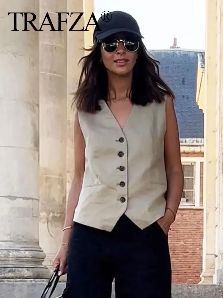 TRAFZA Womens Fashion Solid Vest Top Vintage V Neck Button Loose Casual Vests Summer Y2k Woman Streetwear Chic Tops Outerwear 240826
