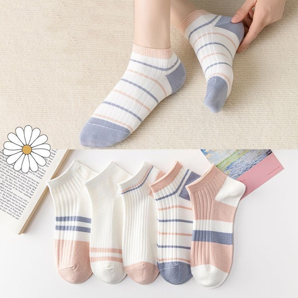 SB9447-5001 Spring and Autumn Girls' Socks Shallow Mouth Stripe Cut Student Motion Invisible Boat Socks Love Polyester Wholesale 5 Colors