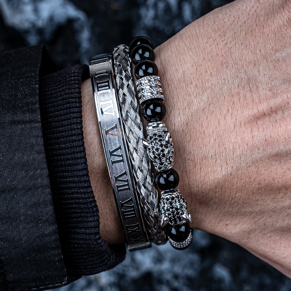 3PCS Mens Premium Black Agate Beaded Bracelet Set - Double Leopard Head, Roman Numerals, Adjustable Braided Design Bracelets Men Bracelets