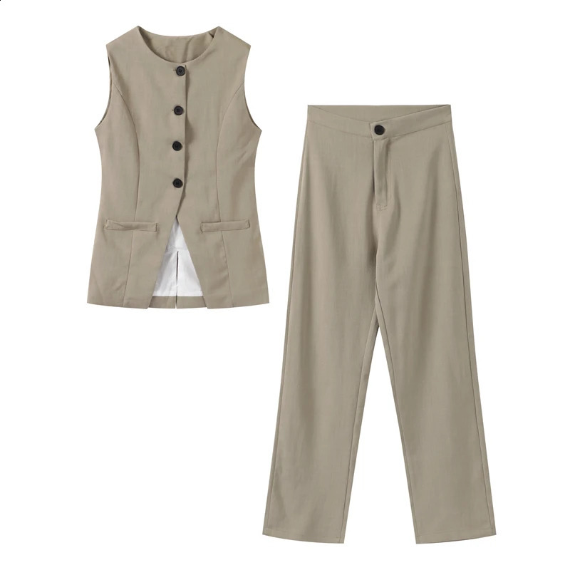 Elegant Vest Two Piece Set Women Office Single Breasted Top High Waist Wide leg Pant Female Suit Cotton Linen Lady Trousers Sets 240826