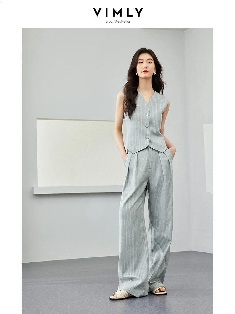 VIMLY Womens Summer Solid and Stripes Blazers Suits Sleeveless Elegant Cropped Blazer VestWide-Leg Pants 2Piece Set M7357 240826