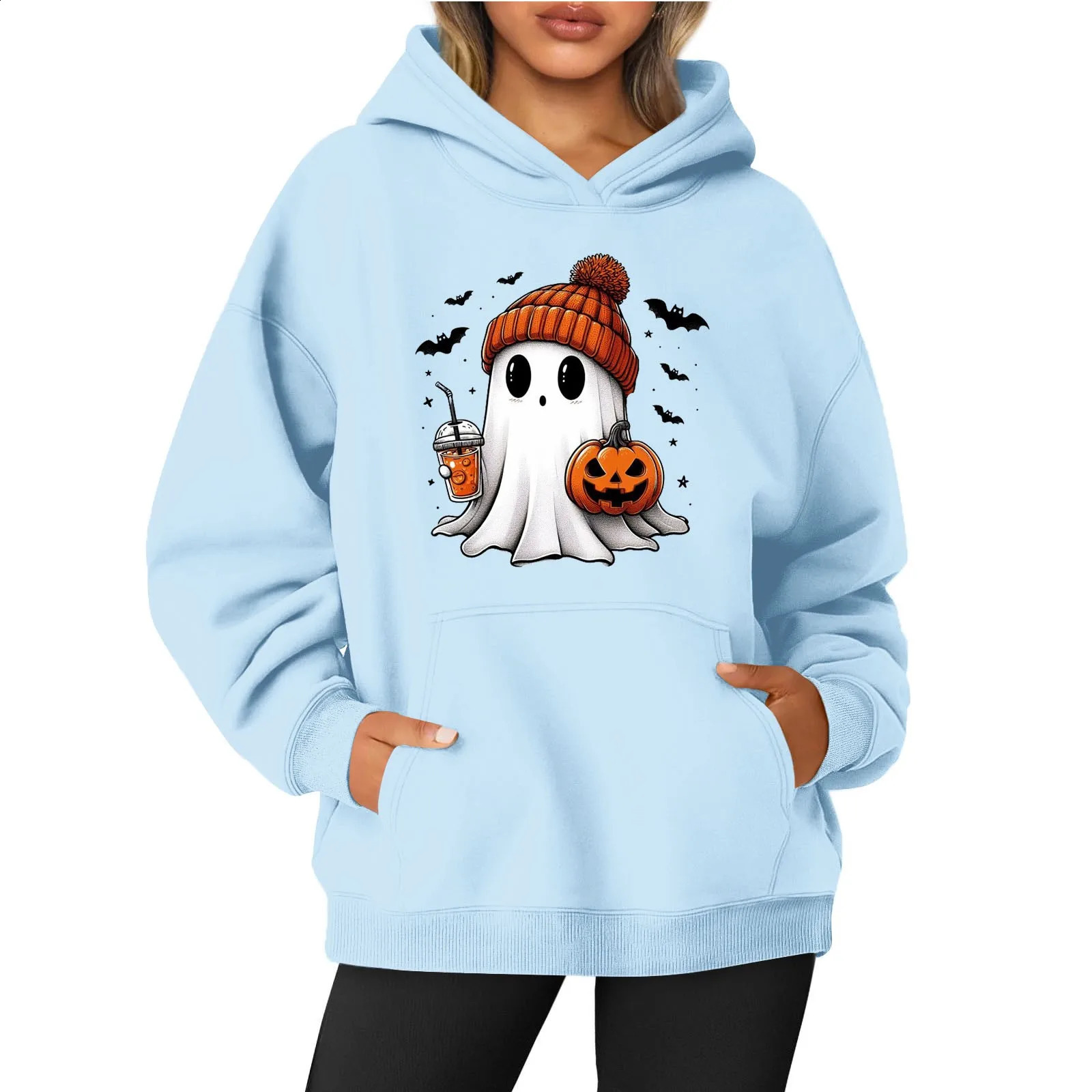 Womens O-neck long sleeved Halloween printed solid color hooded sweatshirt ropa de mujer sudadoras de mujeres y2k clothes y2k karol g 240827