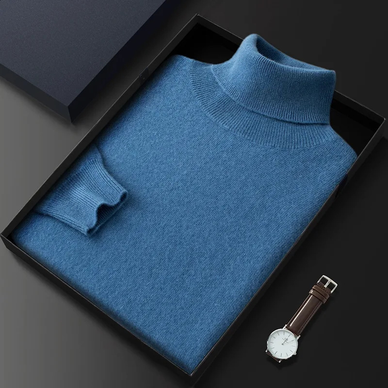 100% Cashmere Turtleneck Men Pullovers Autumn Winter Soft Light Warm Rolled Neck Jumper Pull Homme Knitted Sweater 240826