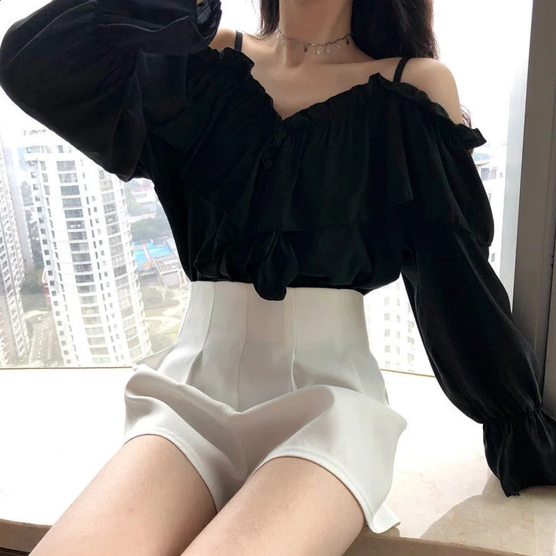 Off Shoulder Blouses Women Ruffles Sexy Party Stylish Ulzzang Solid Feminine Leisure All-match Spring Soft Ins 240827
