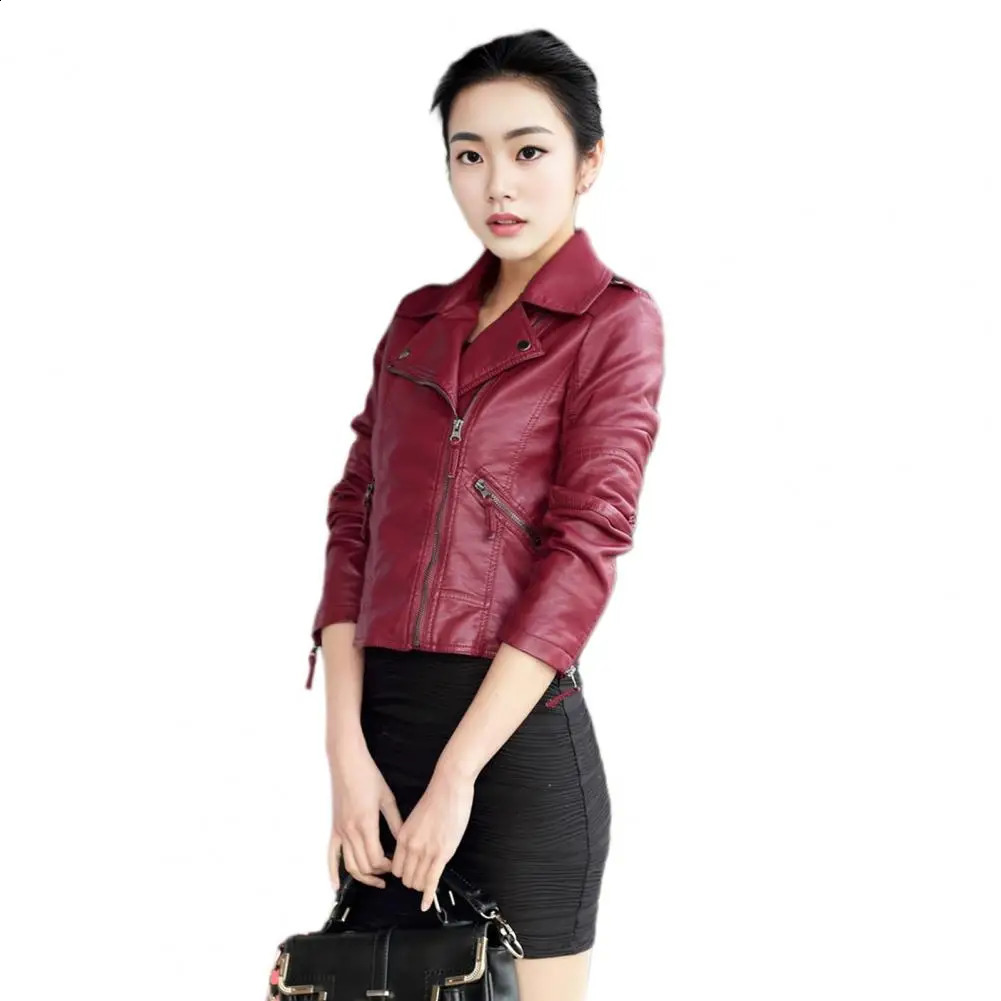Womens Artificial Leather Jacket Fashion Womens Artificial Leather Motorcycle Jacket with Zipper Pocket Spring Autumn Coat Windproof Plus 240827