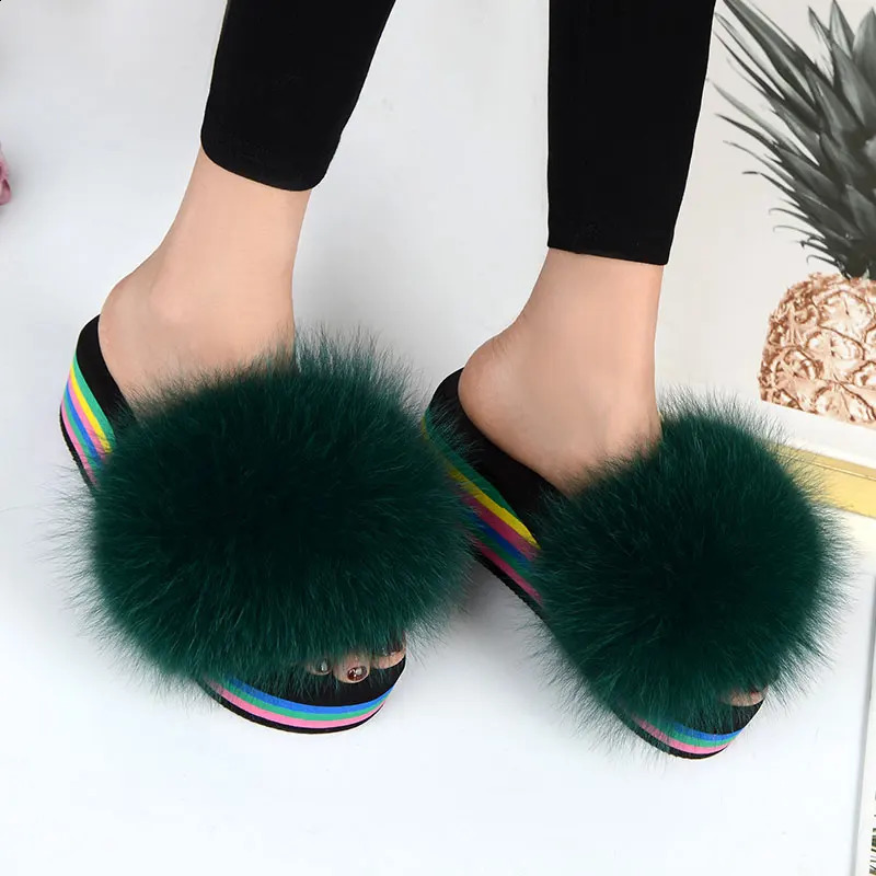 Fox Fur Slide Womens Fur House Fur Slide Plush Summer Rainbow High Heels Sweet Sandals 240827