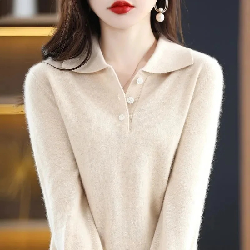 Womens Sweater Spring and Autumn Polo Collar Knitted Lanhua Long Sleeve Cashmere Free Jumping Bottom Shirt 240827