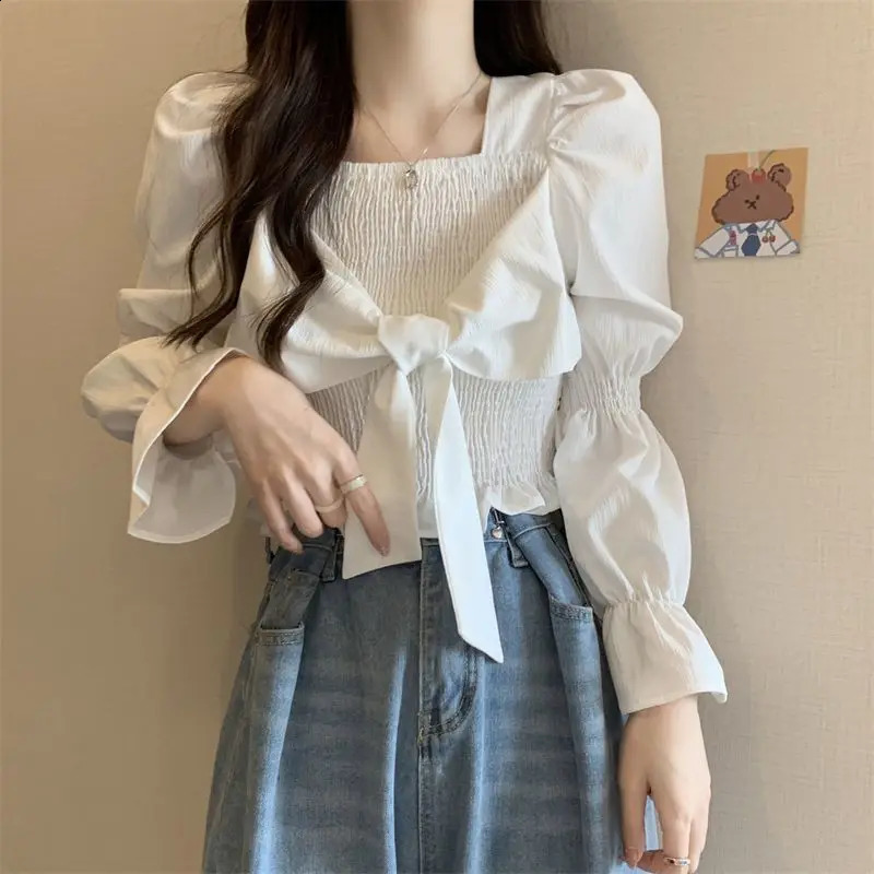 Spring Sweet Bow Patchwork Pleated Shirt Tops Long Sleeve Solid Color Slim Short Blouse Fashion Elegant Women Clothing 240827