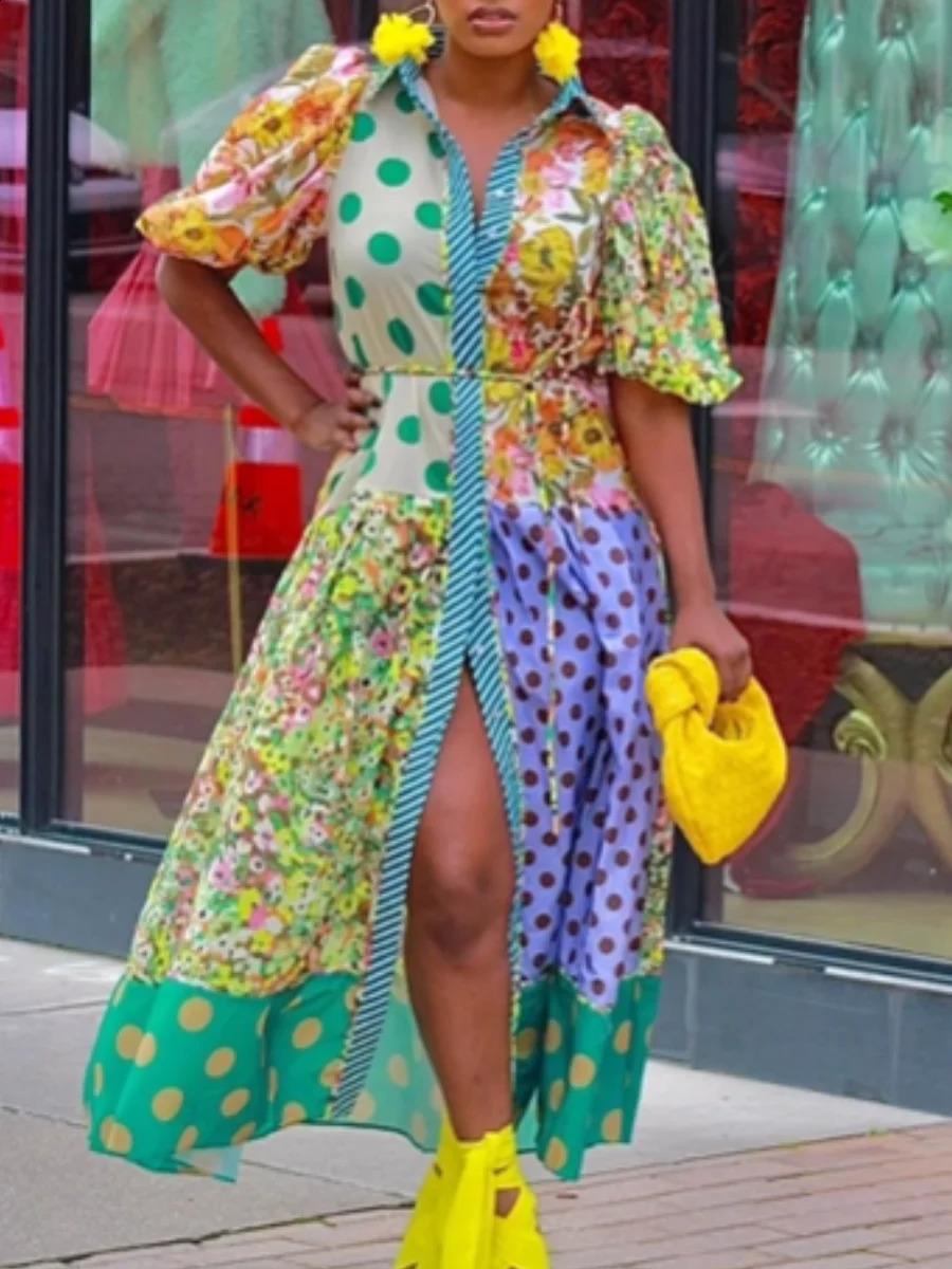 LW Plus Size Puff Sleve Mixed Print A Line Dress Women Summer Vintage Short Sleeve Turndown Collar Ankel length Maxi Dress 240827