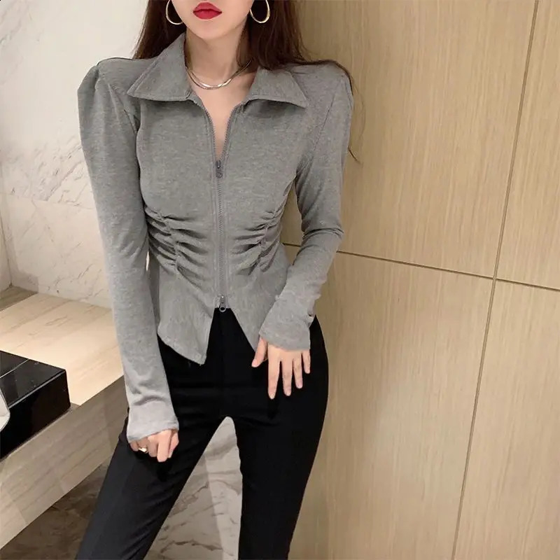 Double zipper jacket womens long sleeved cut jacket short top Y2k clothing ultra-thin street clothing polo neck cardigan 240827