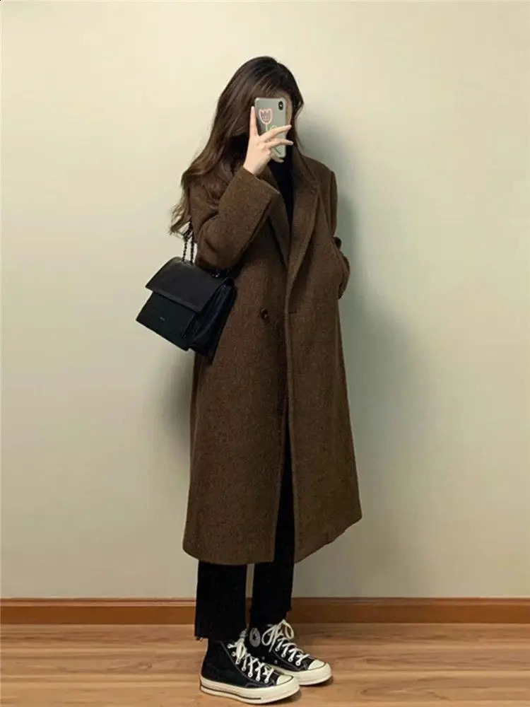 Womens autumn and winter thick knee long wool coat 240826