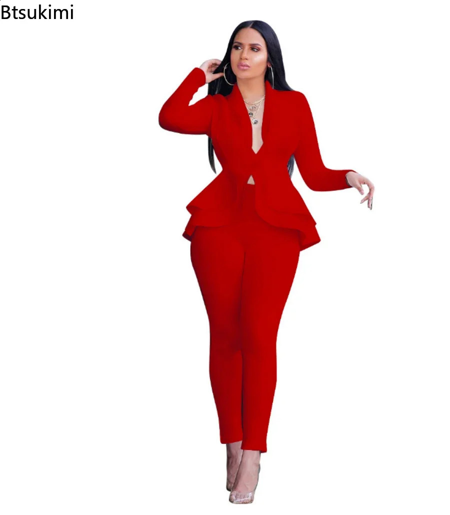 Womens Formal Set 2PCS Tracksuit Full Sleeve Ruffles Blazers Pencil Pants Suit Two Piece Set Office Lady Outfits Uniform 240826