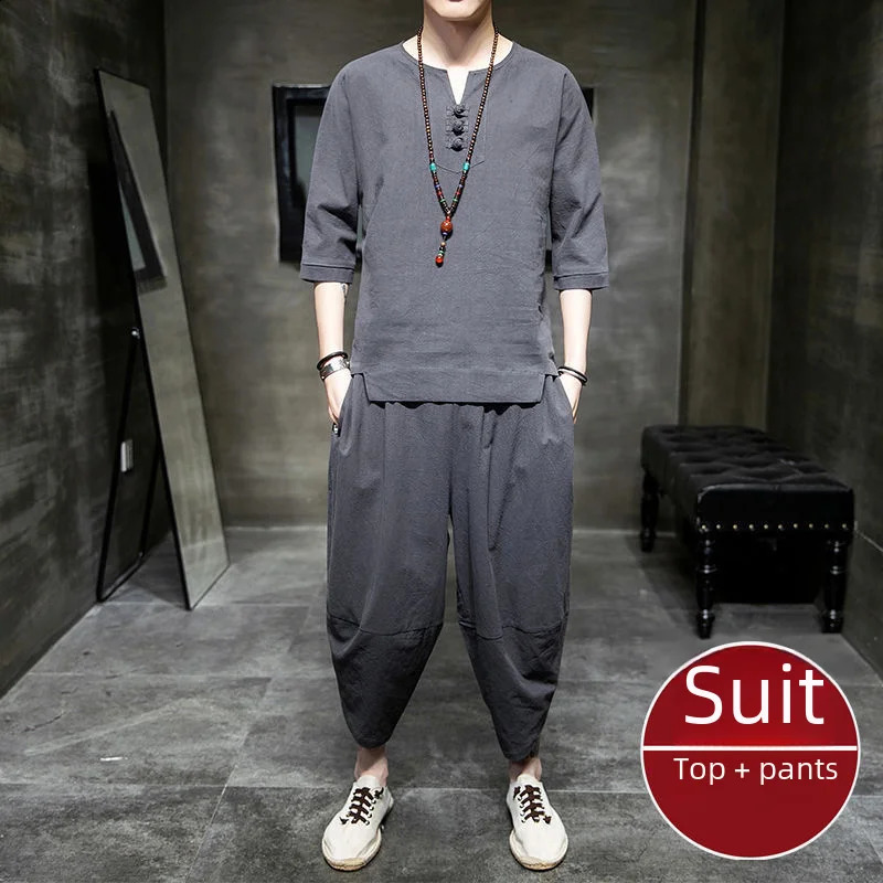 Summer linen mens loose casual short sleeved T-shirt Han Fu Tang traditional Chinese style 240827