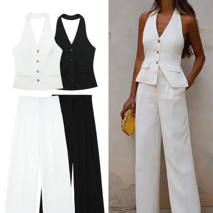 Women Fashion Solid Pant Suit Halter Single Breasted Sleeveless Blazer Vest Top Zipper Fly Trousers Office Lady Sets