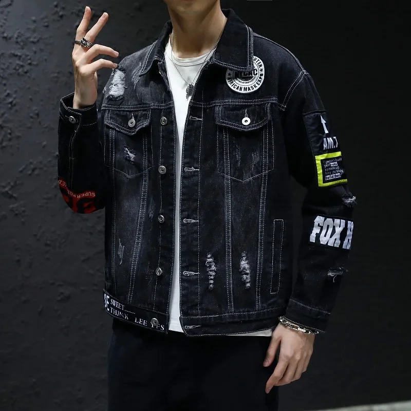 Denim Jacket Men Women Hip Hop Streetwear Punk Motorcycle Ripped Print Cowboy Outwear High Quality Casual Hole Male Jeans Coat 240826