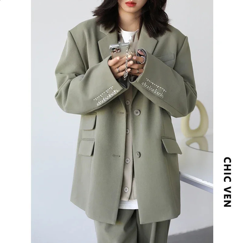 CHICVEN Women Office Lady Blazer Cuff Embroidery Wide Shoulder Twill Suit Womens Autumn Ladies Outerwear Stylish Tops 240826