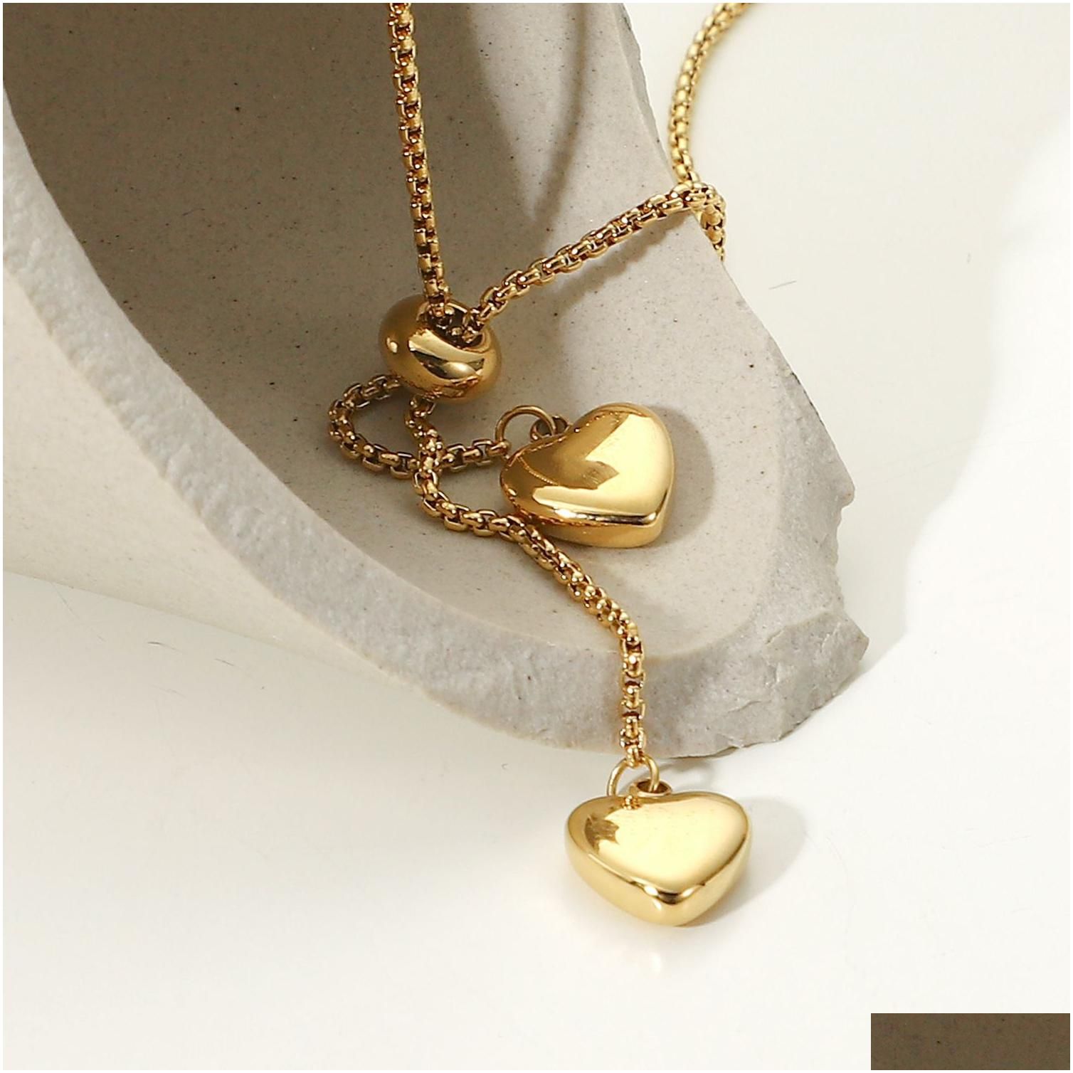 Designer Titanium Steel Pendant Necklace: Gold Plated Y-Shaped Rope Chain, Double Love Drop, Perfect for Women 4