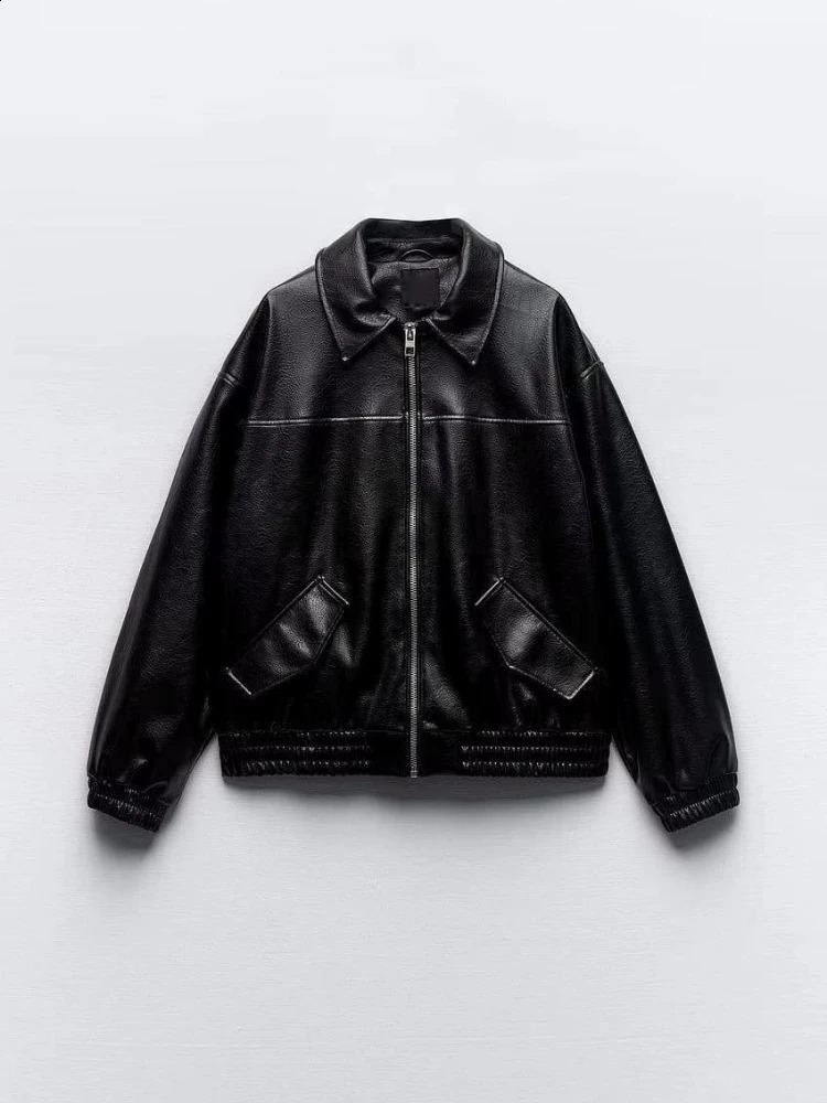 ZBZA Womens Artificial Leather Bomber Jacket with Collar Long Sleeve Zipper Pocket Elastic Hemp Coat Womens Fashion Coat 240827