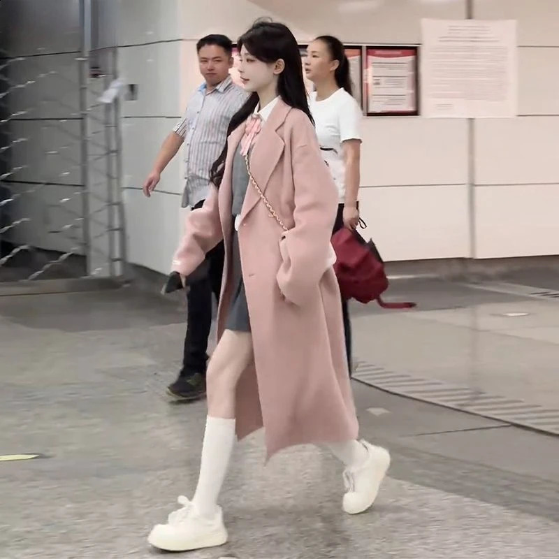 Womens autumn and winter thick knee long wool coat 240826