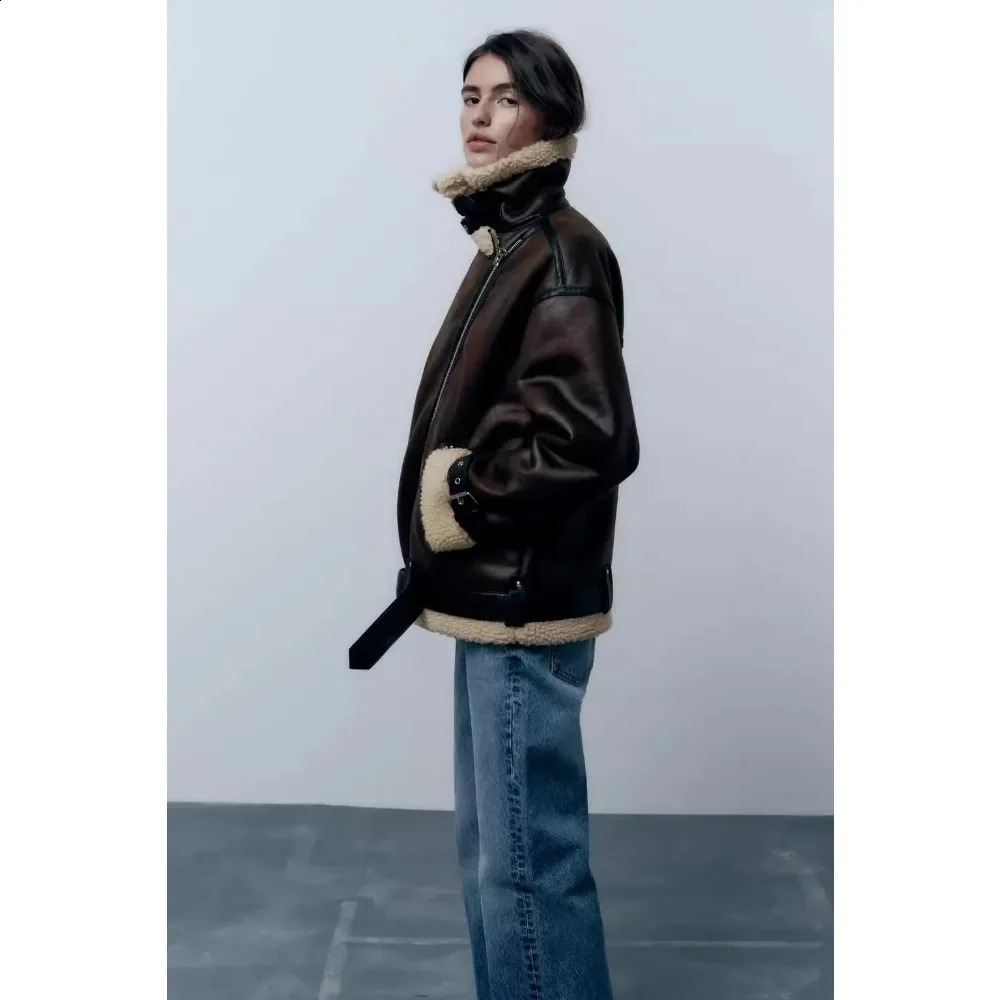 2024 Autumn Womens Fashion Thick and Warm Imitation Sheep Shearling Coat Retro Long Sleeve Bunched Waist hem Womens Coat 240827