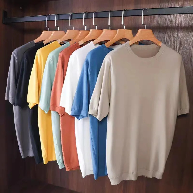 Cashmere Knitted Short sleeved Tshirt for Mens Summer Basic Oneck Fashion Color Top Loose Wool Sweater 240827