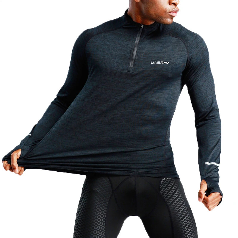 Mens sports Tshirt long sleeved running gym clothing compression shirt zipper hiking Rashguard w42 240827