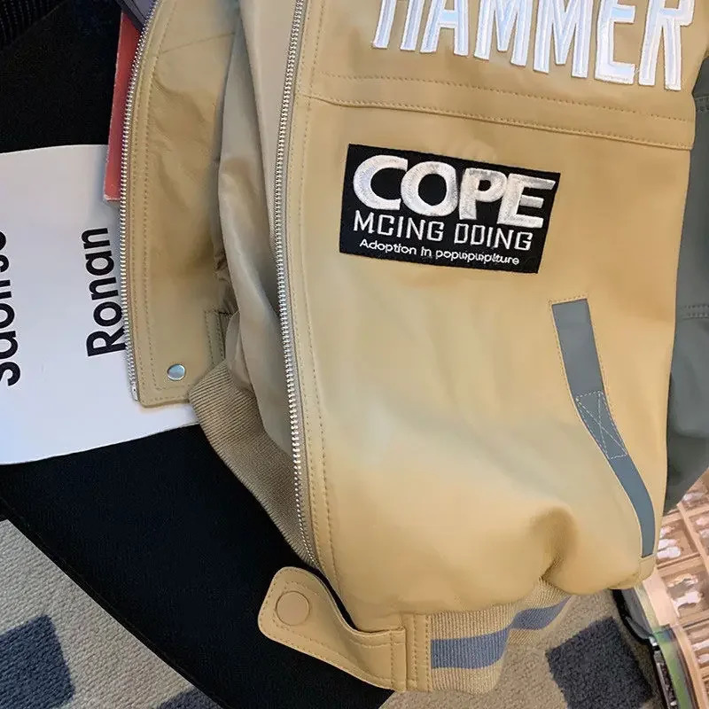 Hikigawa Letter Patchwork Women Pu Jacket Casual Chic Fashion Zipper Tops Mujer Long Sleeve Stand Collar Roupas Femininas 240827