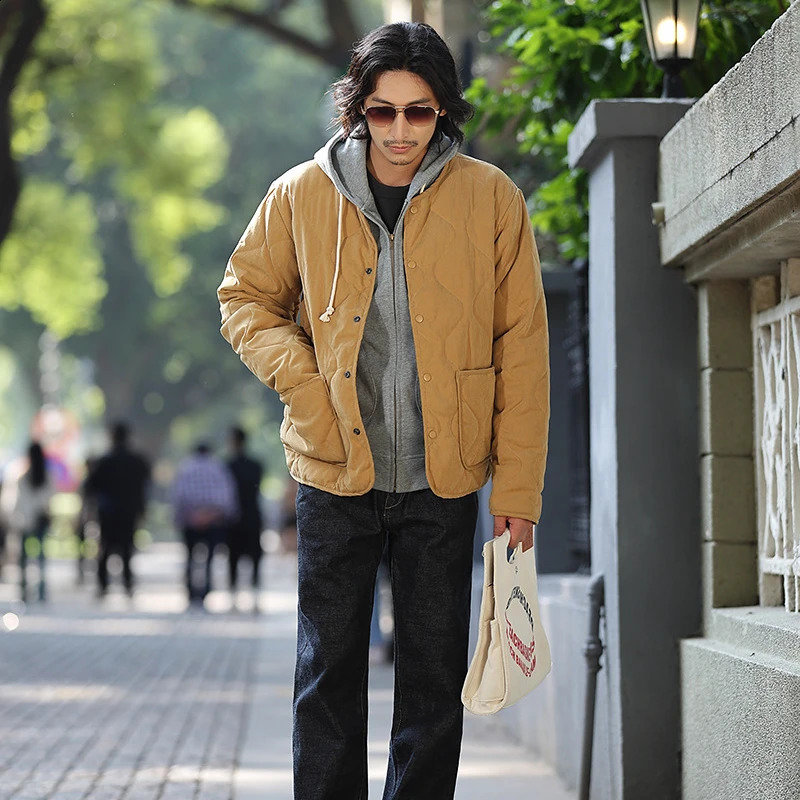 Winter vintage quilted jacket mens collarless cotton lined coat M65 lining lightweight casual loose Japanese coat high-quality 240827