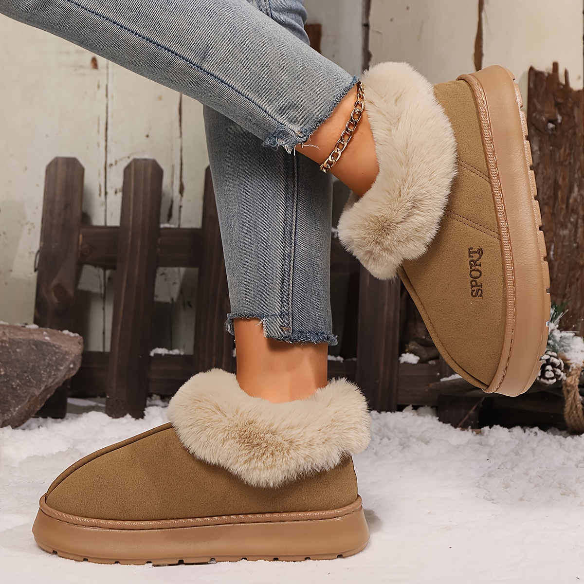 Women's Solid Color Fluffy Slippers, Soft Sole Platform Plush Lined Warm Shoes, Non-slip Floor Mute Shoes Snow boots