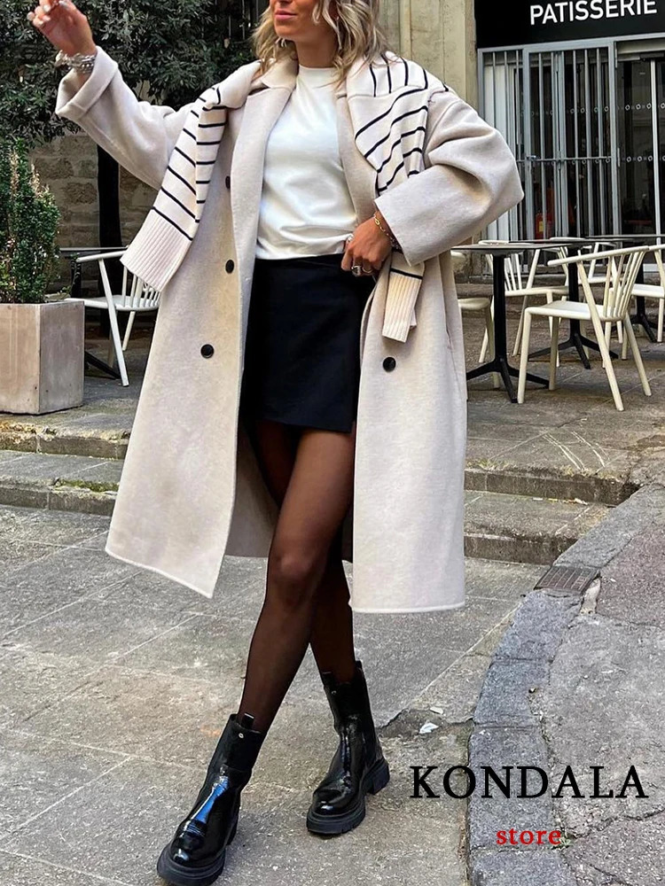 Kondala Womens Autumn Thick Long Coat Retro Vneck Sleeve Pocket Jacket Fashion Elegant 240826