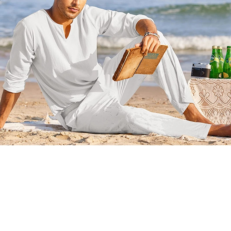 White linen mens summer cotton linen clothing solid color long sleeved Henry shirt elastic waist drawstring pants 2 240827