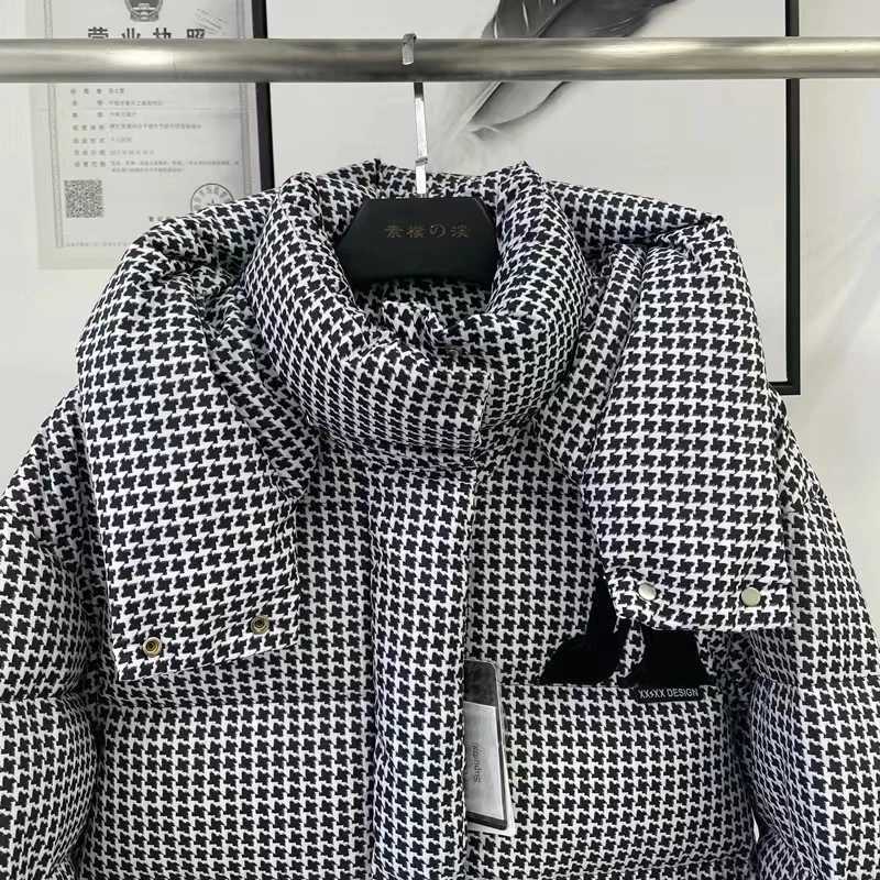 European Station Houndstooth Hooded Fluffy Coat Womens Winter Coat Warm Coat White Duck Coat Warm Coat Womens Coat CL240827