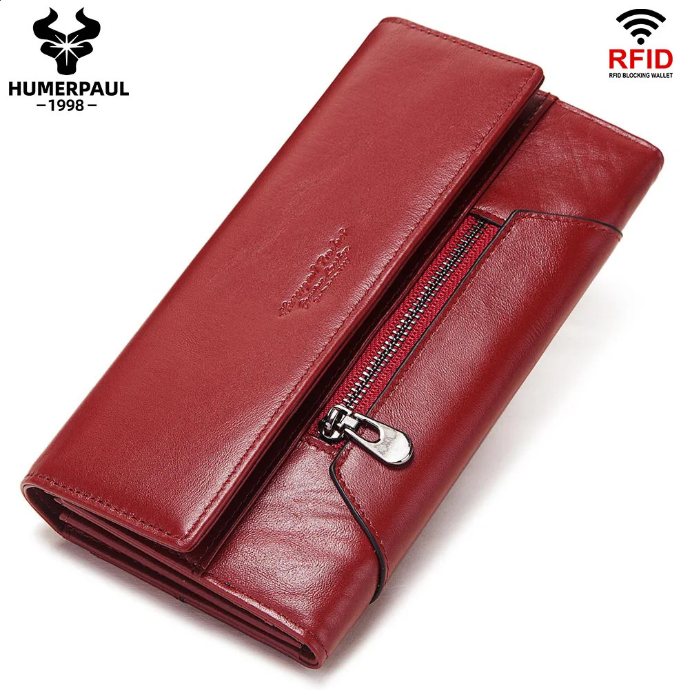 HUMERPAUL Fashion Women Genuine Leather Wallet RFID Blocking Tri-fold Credit Card Holder Long Female Phone Clutches 240827