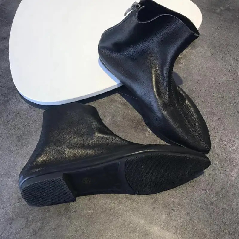 Pointed Toe flat single short boots for women soft genuine cowhide leather flat anti slip Versatile Boots size 44 240827