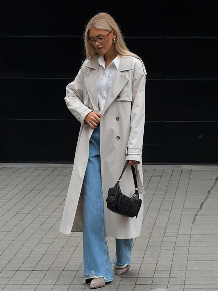 Trench coat womens double perforated autumn British style windbreaker with belt ultrathin jacket casual long 240826