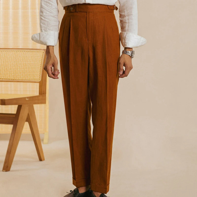 Linen Retro Casual Pant British High Waist Pants Office-trouser Men Dress White Pant Trouser Straight Leg Pant Naples 240827