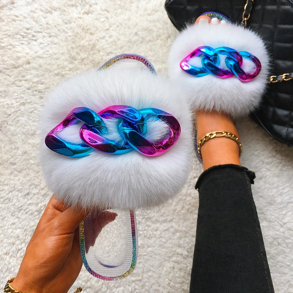 Womens fashion chain transparent slider summer jelly sandals womens faux fur slider beach fluffy flip cover 240827