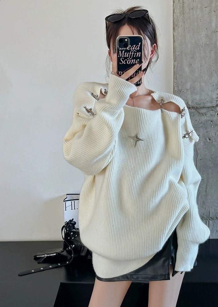 Womens white floral sweater Harajuku Korean 90s aesthetics Y2k long sleeved oversized skydiving knit retro 2000s clothing 240826