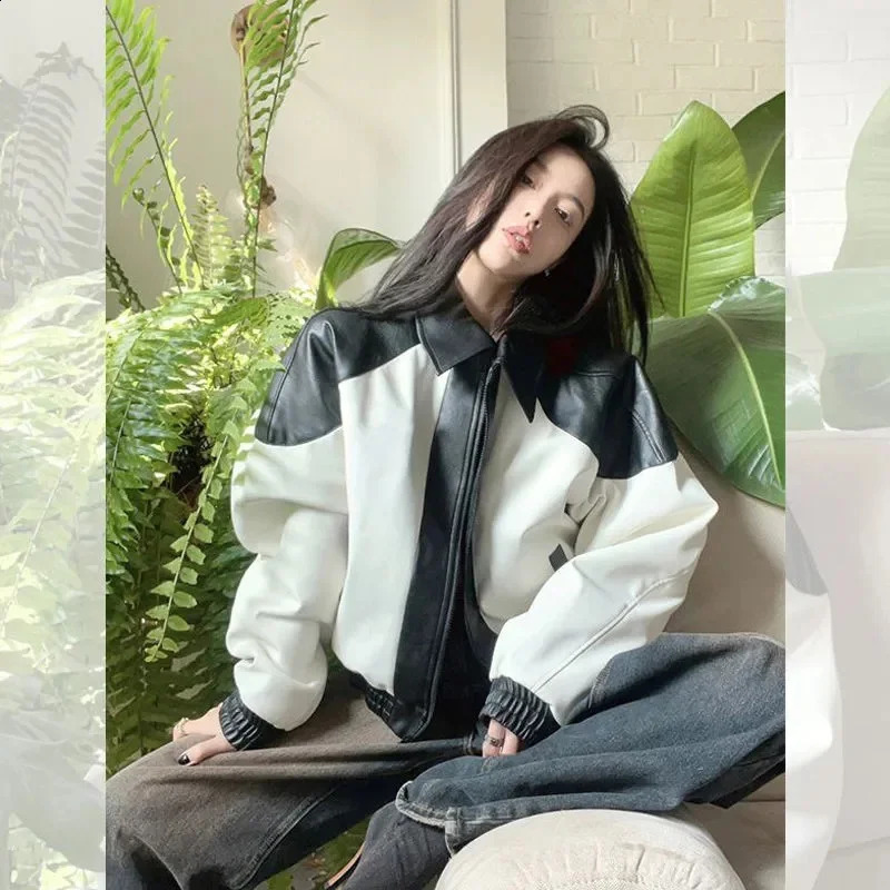 American Fashion Retro Slim Loose Commuting Simple Leather Motorcycle Coat Womens Spring and Autumn Premium Baseball uniform Ja 240827